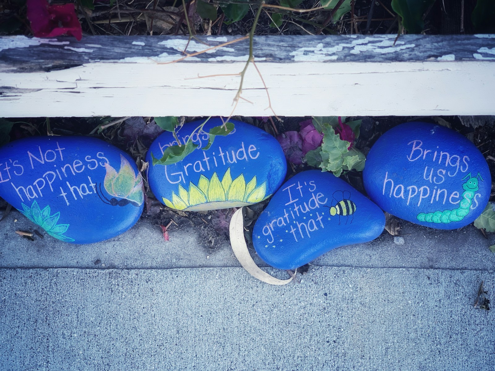 three painted rocks with words written on them